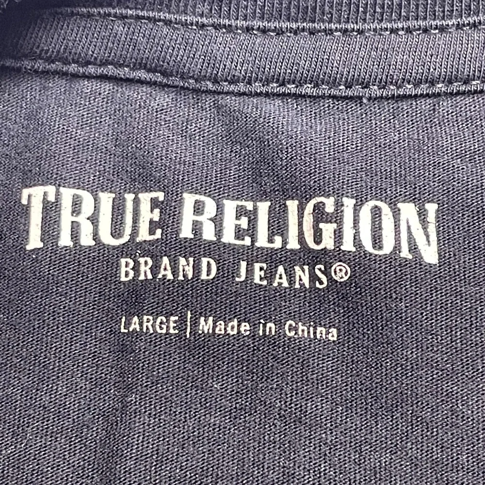 True Religion T Shirt Mens L Navy Blue Allover Monogram Short Sleeve Crew Neck